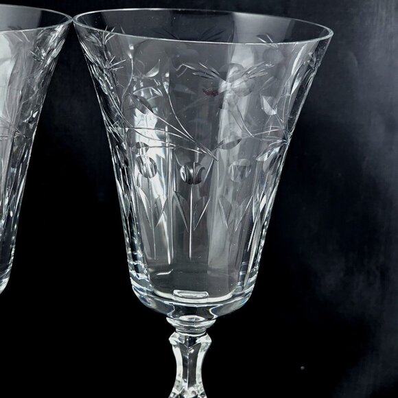 2 Seneca Elegant Optic Cut Floral Vines Wine Goblets 8" vintage stem leaves - Picture 9 of 14